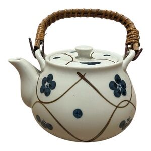 Vintage Teapot Ceramic Floral Leaves with Wicker Handle